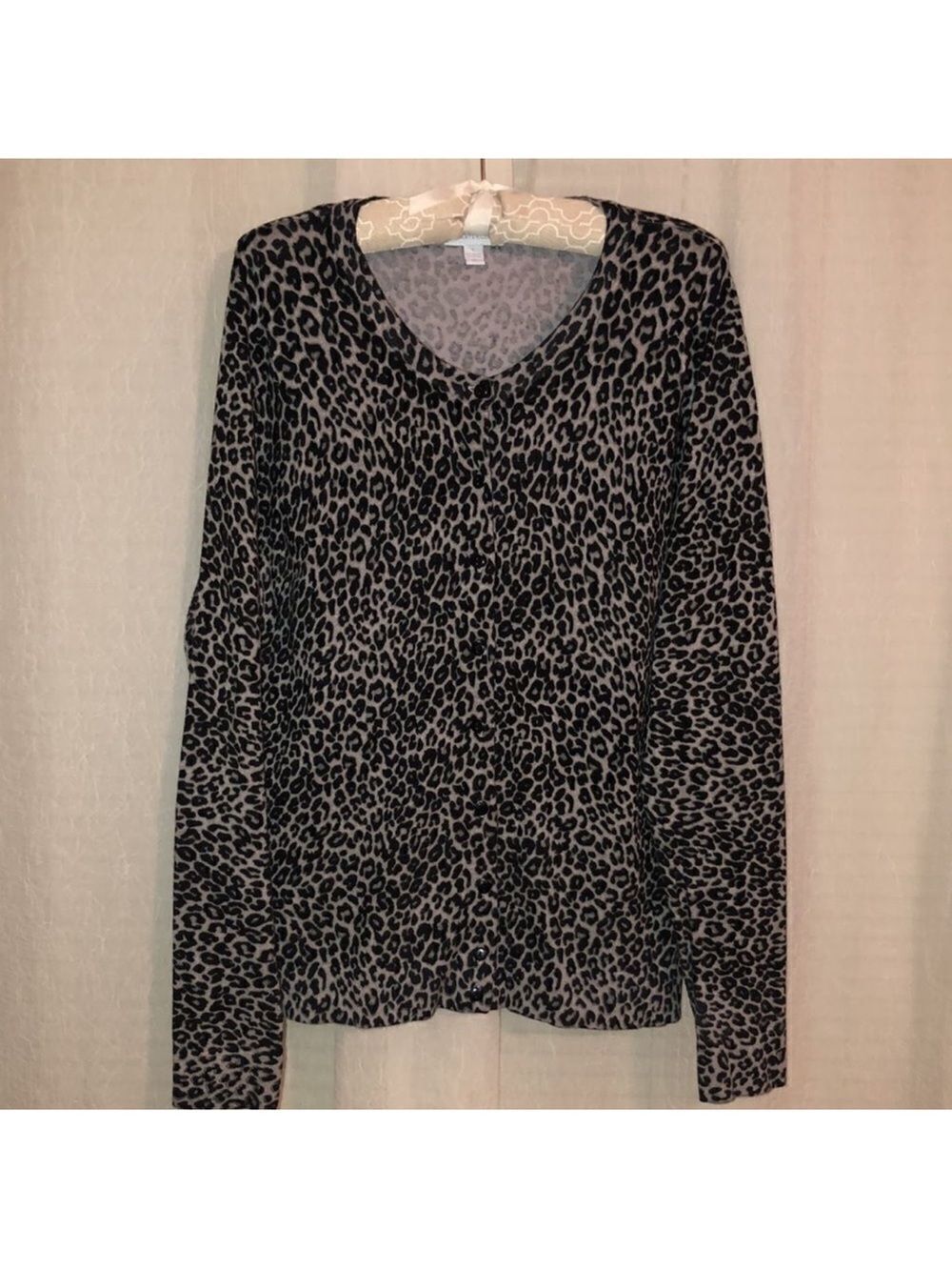 Charter Club L Knit Gray Black Cheetah Print Cardigan Sweater